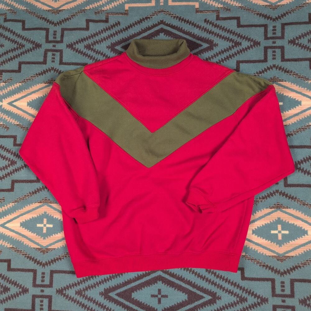Vintage 80’s Sweatshirt Mervyns Cheetah Color Block Red Olive Green Cowl Neck XL